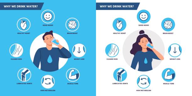 Drinking water benefits. Healthy human body hydration, man and woman drink water vector illustration set Drinking water benefits. Healthy human body hydration, man and woman drink water vector illustration set. Healthcare drink infographic, lubricated joints and muscle tone drinking illustrations stock illustrations