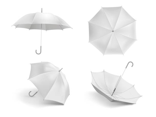 istock Realistic white umbrella mockup. Blank open fabric parasol, outdoor weather waterproof umbrellas vector template set 1219489297