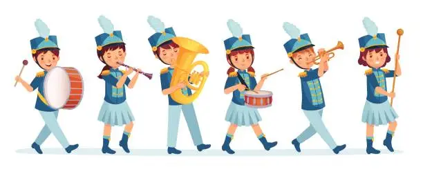 Vector illustration of Cartoon kids marching band parade. Child musicians on march, childrens loud playing music instruments cartoon vector illustration