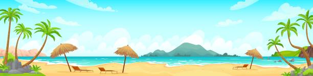 Daytime beach landscape. Sandy beaches with tropical palms. Sunny day, on beautiful sunset, sunrise and at night cartoon vector illustration. Landscape outdoor, travel scene daytime, vacation tropical
