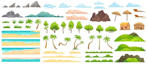 Beach landscape constructor. Sandy beaches, tropical palms, mountains and hills. Ocean horizon, clouds and green trees cartoon vector illustration set. Nature beach landscape constructor