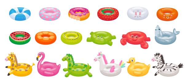 ilustrações de stock, clip art, desenhos animados e ícones de cartoon swimming ring. funny flamingo, shark, unicorn and duck floating rings. summer swimming pool toys vector illustration set - float