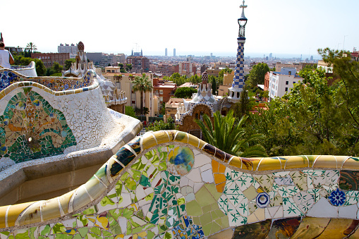 Barcelona Skyline from a High Vantage Point at Park Güell at Sunset in Spain