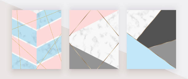 ilustrações de stock, clip art, desenhos animados e ícones de geometric cover with pink, blue and grey triangular shapes, golden lines on the white marble texture. modern backgrounds for menu, banner, card, flyer, invitation, product package, brochure. - clipping path wedding invitation invitation message