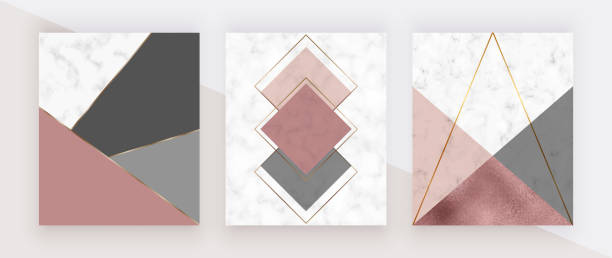 istock Geometric cover with pink, rose gold and grey triangular shapes, golden lines on the white marble texture. Modern backgrounds for menu, banner, card, flyer, invitation, product package, brochure. 1219491280