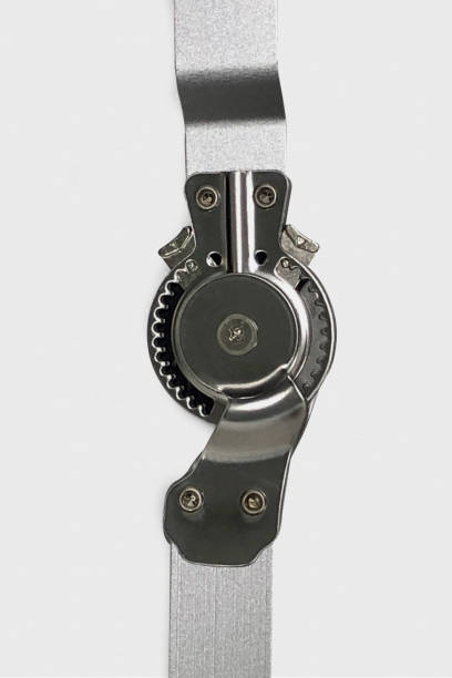 istock Adjustable angle chuck: extension angle 0-120°. Orthopedic knee brace stabilizer. Aluminum alloy bracket. Metal Hinge knee brace adjusting the angle of bend of the knee joint. Angle adjustment lock. 1219492325