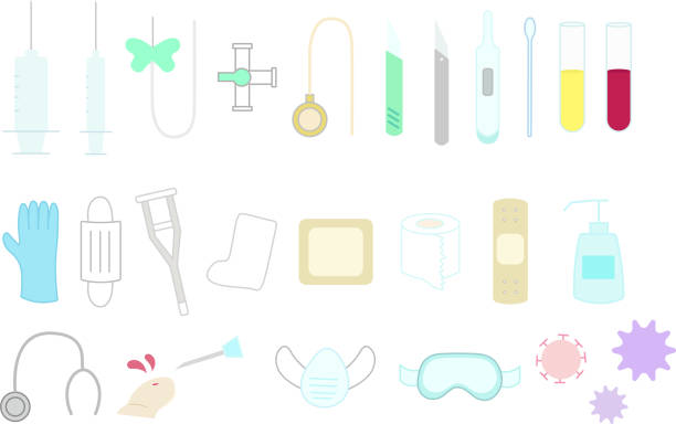 ilustraciones, imágenes clip art, dibujos animados e iconos de stock de conjunto de ilustraciones vectoriales del dispositivo médico - butterfly bandage