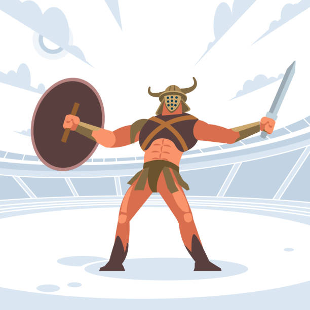 ilustrações de stock, clip art, desenhos animados e ícones de gladiator in armor with shield. vector isolated illustration. flat cartoon style - spartacus
