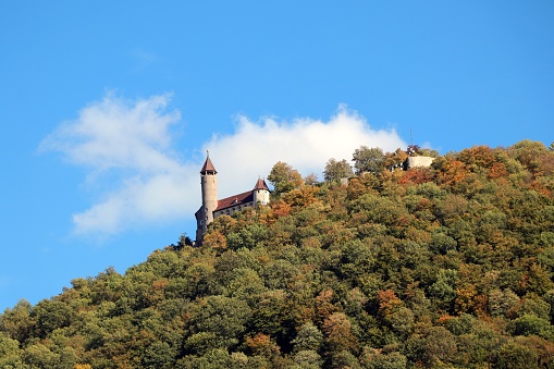 Ancient castle Teck on top of a mountain on Swabian Alb in Germany in autumn 2018