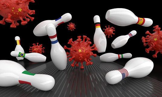 3D graphics of a virus cell as a bowling ball and countries as fallen skittles on the playing field (black background)