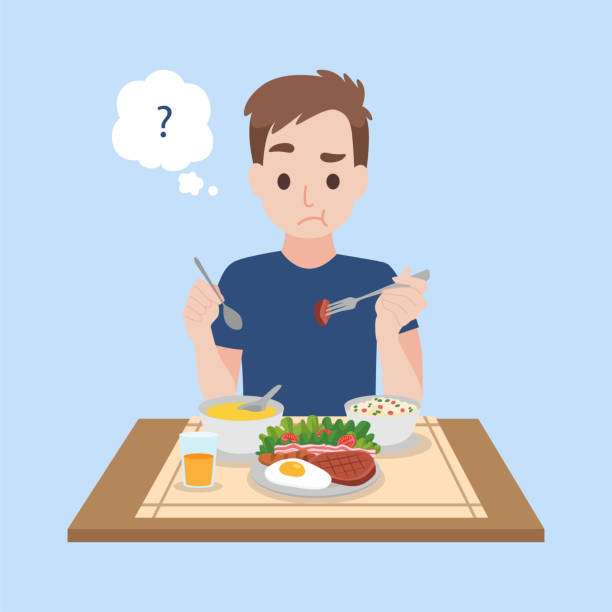 Tasteless, A Upset man eating food that is tasteless of corona virus Symptoms Tasteless, A Upset man eating food that is tasteless of corona virus Symptoms, Health care concept. terrible meal stock illustrations