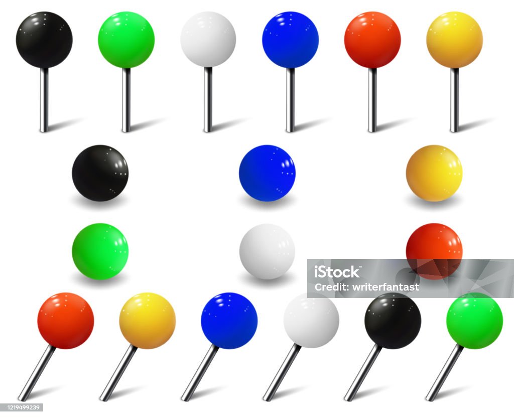 Map Tacks Round Pins And Plastic Map Push Pins Stock Illustration -  Download Image Now - Black Color, Circle, Thumbtack - iStock