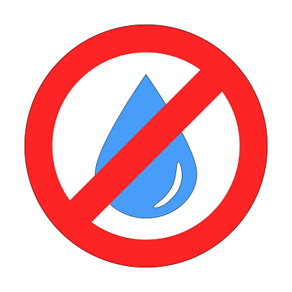 Blue drop or droplet of water in forbidding crossed out red circle on white background. The sign, logo, embleme or simbol of drought, arid area, lack of water, water pollution, water saving