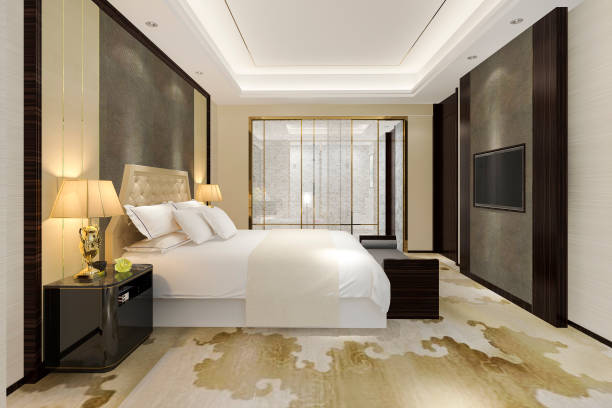 istock 3d rendering modern luxury bedroom suite and bathroom 1219502740