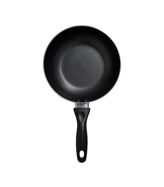 istock An empty black iron steel cookware pan with black handle die cut isolated with clipping path on white backgrounds, top view angle of shooting image 1219505118