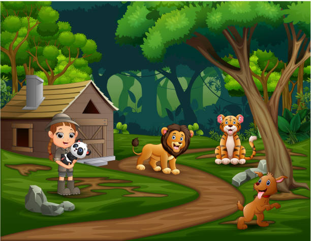 сафари девушка с животными в лесу - 11817 stock illustrations