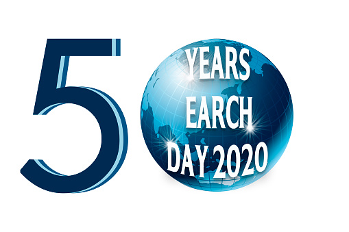April 22, Earth Day Big Poster, 50 years old, the inscription on the poster on the background of the planet with space. Elements of this image were furnished by NASA. 3D image numbers, logo