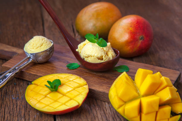 istock ice cream with mango pulp, garnished with mint, on wooden background 1219506577