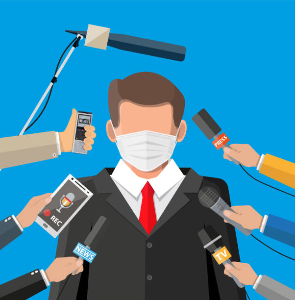 Man with face mask giving speech at conference Man with face mask giving speech about coronavirus covid-19 ncov outbreak news. Reporters staff at press conference. Hands of journalists with microphones. Flat vector illustration human cardiopulmonary system audio stock illustrations