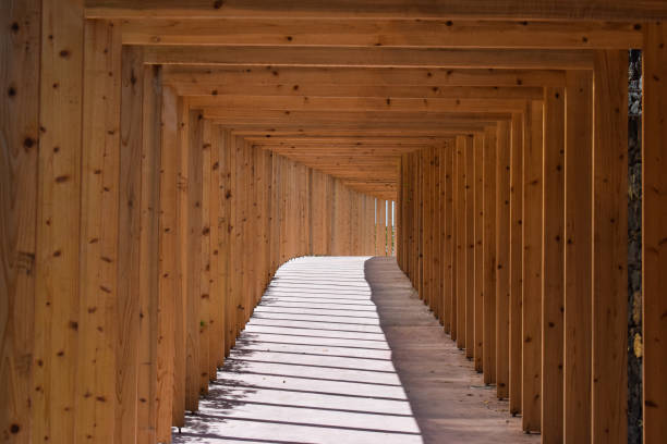 An empty wooden tunnel outdoors , sunny day. Endless route.