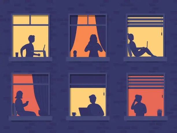 Vector illustration of People in windows house look out of room or apartment, work on  laptop, talk on phone, read books, running on treadmill. Concept people sit at home evening, working, studying and rest.