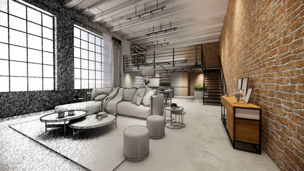 istock 3d rendering. Interior house modern open living space with kitchen.Loft style Duplex apartment residence.Home decoration luxury  interior design. 1219508841