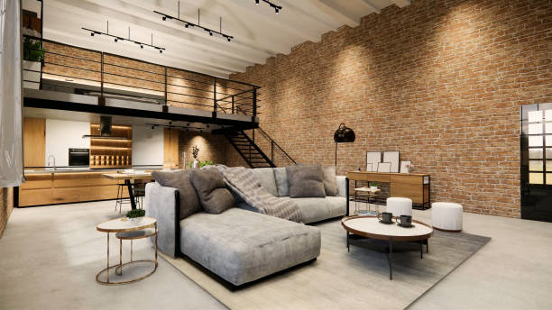 istock 3d rendering. Interior house modern open living space with kitchen.Loft style Duplex apartment residence.Home decoration luxury  interior design. 1219508843
