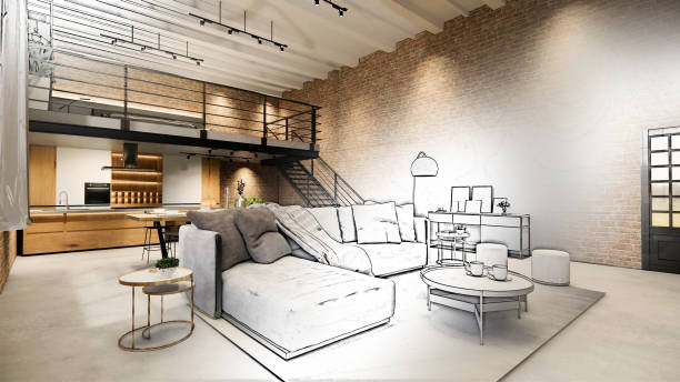 istock 3d rendering. Interior house modern open living space with kitchen.Loft style Duplex apartment residence.Home decoration luxury  interior design. 1219508897