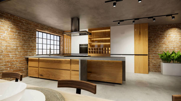 istock 3d rendering. Interior house modern open living space with kitchen.Loft style Duplex apartment residence.Home decoration luxury  interior design. 1219508905