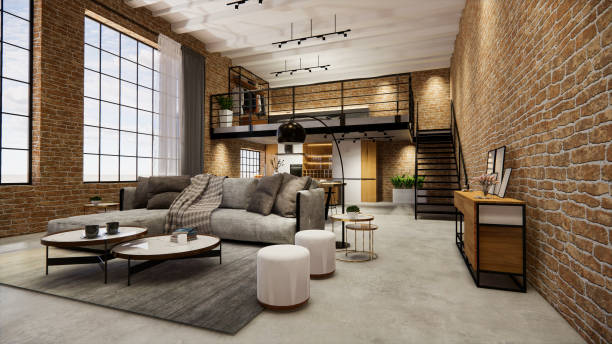 istock 3d rendering. Interior house modern open living space with kitchen.Loft style Duplex apartment residence.Home decoration luxury  interior design. 1219508929