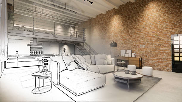istock 3d rendering. Interior house modern open living space with kitchen.Loft style Duplex apartment residence.Home decoration luxury  interior design. 1219508930