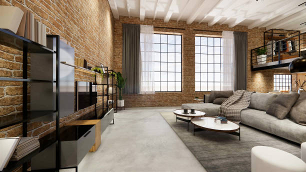 istock 3d rendering. Interior house modern open living space with kitchen.Loft style Duplex apartment residence.Home decoration luxury  interior design. 1219508940