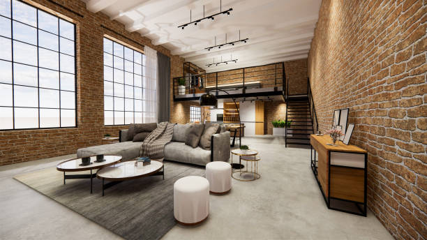istock 3d rendering. Interior house modern open living space with kitchen.Loft style Duplex apartment residence.Home decoration luxury  interior design. 1219508956