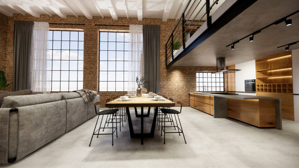 istock 3d rendering. Interior house modern open living space with kitchen.Loft style Duplex apartment residence.Home decoration luxury  interior design. 1219508979