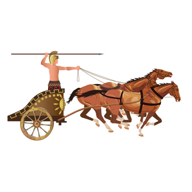 römischer krieger auf einem alten kriegswagen, der von drei pferden gezogen wurde - chariot stock-grafiken, -clipart, -cartoons und -symbole
