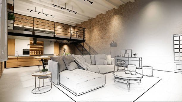 istock 3d rendering. Interior house modern open living space with kitchen.Loft style Duplex apartment residence.Home decoration luxury  interior design. 1219509003