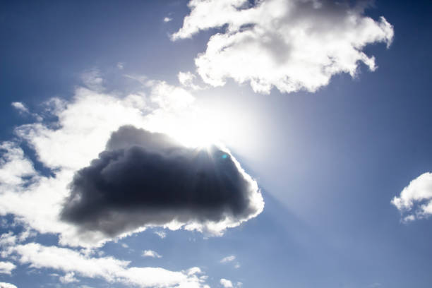 The clouds that cover the sky and the sun behind the clouds