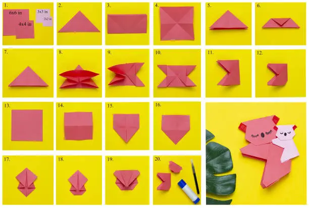 Step-by-step photo guide on how to bookmark an origami book in the form of a pink koala. DIY concept. Children's creativity.