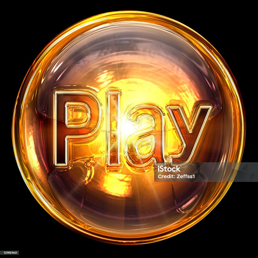 Play icon golden, isolated on black background  Amber stock illustration