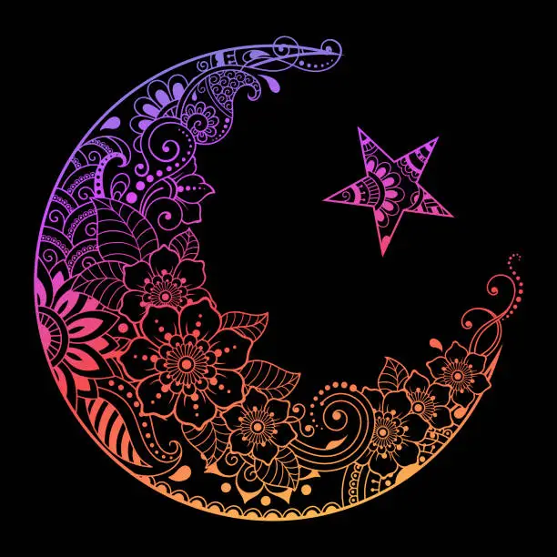 Vector illustration of Religious Islamic symbol of the Star and the Crescent with flower in mehndi style. Decorative sign for making and tattoos. Eastern Muslim signifier. Rainbow color pattern on a black background.