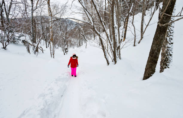istock Woman hiker walking in winter forest 1219514865