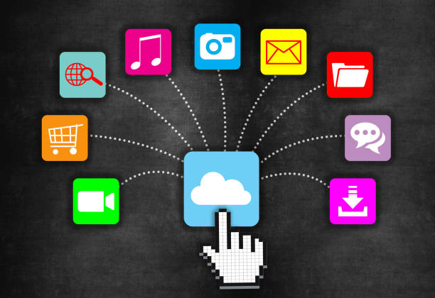 istock Multicoloured social media icons going out of the cloud computing icon, global network concept 1219518614