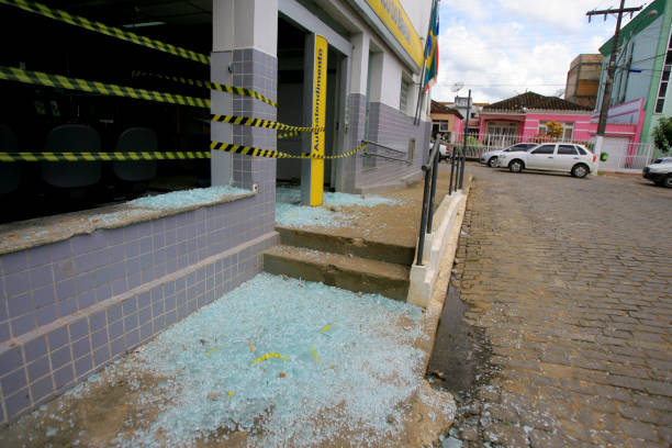 buerarema, bahia / brazil - february 12, 2014: Facade of Bank of Brazil branch in Buerarema destroyed by folk due to conflict between Tupinamba Indians and local farmers.