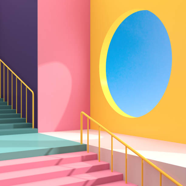 istock Minimal abstract building space with round window and staircase on blue sky background, Architectural details with shade and shadow on colorful wall. 3D rendering. 1219519327