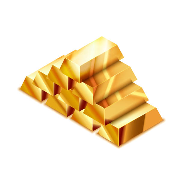 istock Large heap of realistic glossy golden bars in isometric view on white 1219519920
