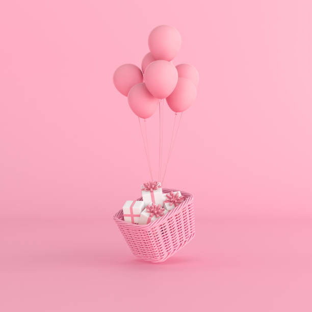 ideia conceitual mínima de presente na cesta flutuando por balões rosas em fundo pastel. renderização 3d - rose pink bright simply - fotografias e filmes do acervo
