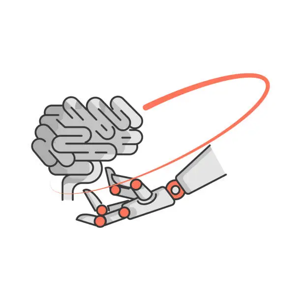Vector illustration of Robot android hand hold human brain. Creative idea future mind technology concept. Artificial Intelligence AI. Machine learning. Flat style illustration.