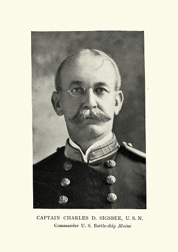 Vintage photograph of Charles Dwight Sigsbee (January 16, 1845 – July 13, 1923) was a rear admiral in the United States Navy. In his earlier career he was a pioneering oceanographer and hydrographer. He is best remembered as the captain of USS Maine, which exploded in Havana harbor, Cuba, in 1898.