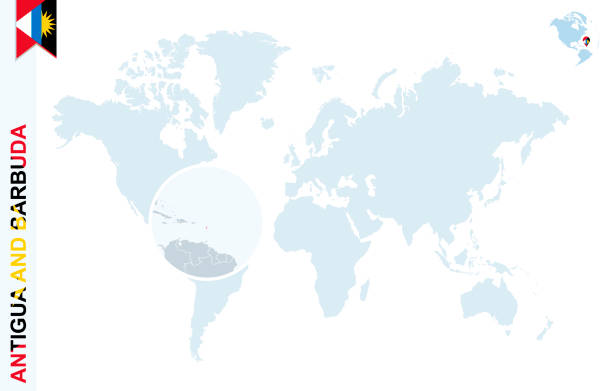 350 Antigua And Barbuda On World Map Stock Photos Pictures Royalty Blue World Map With Magnifying On Antigua And Barbuda 
