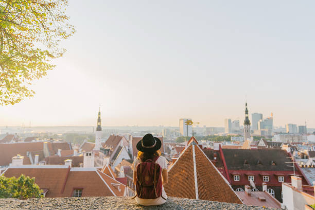 ผู้หญิงนั่งมองทาลลินน์ในตอนเช้า - estonia ภาพสต็อก ภาพถ่ายและรูปภาพปลอดค่าลิขสิทธิ์